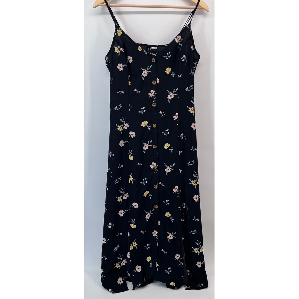 Womens Black Floral Button Front Midi Dress Adjustable Straps Size M Boho Chic